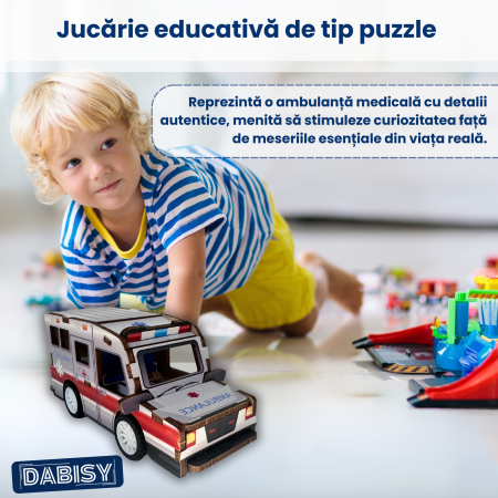 Puzzle 3D AMBULANTA, lemn colorat, DABISY, 19 piese, 56 x 62 x 125 mm, functie pull-back, educativ DIY, recomandat 6+ ani, multicolor [2]