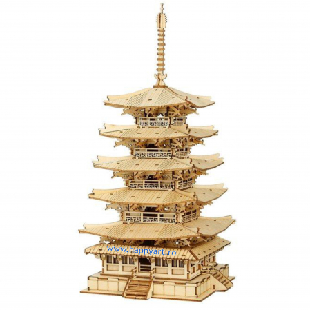 Puzzle 3D din Lemn pentru copii si adulti - Puzzle 3D, Pagoda cu 5 etaje, lemn, 275 piese, TGN02