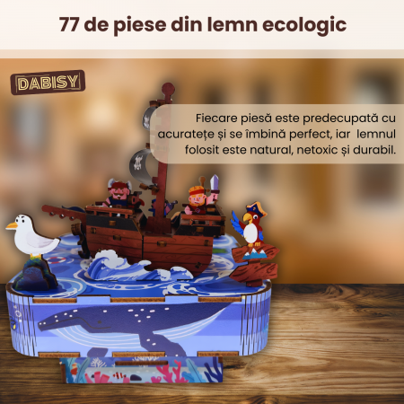 Puzzle 3D din lemn, DABISY, CORABIA PIRATILOR, cutie muzicala manuala, 77 piese, model DIY creativ pentru copii si adulti, cadou craciun sau aniversare, 14+ ani, multicolor [2]