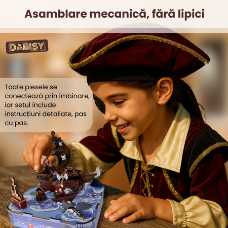 Puzzle 3D din lemn, DABISY, CORABIA PIRATILOR, cutie muzicala manuala, 77 piese, model DIY creativ pentru copii si adulti, cadou craciun sau aniversare, 14+ ani, multicolor [3]