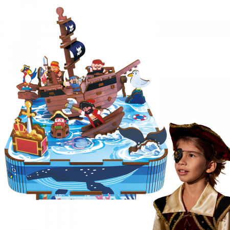 Puzzle 3D din Lemn pentru copii si adulti - Puzzle 3D din lemn, DABISY, CORABIA PIRATILOR, cutie muzicala manuala, 77 piese, model DIY creativ pentru copii si adulti, cadou craciun sau aniversare, 14+ ani, multicolor