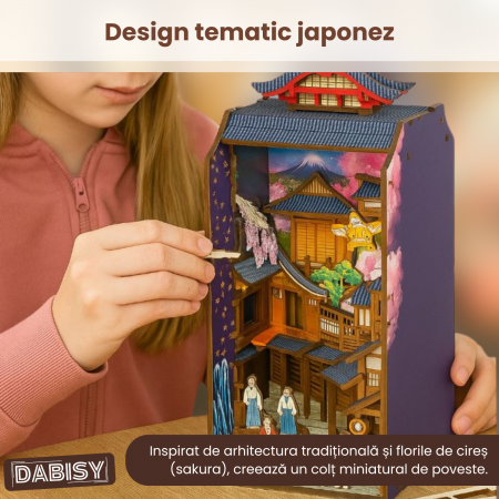 Puzzle 3D lemn Book Nook, DABISY, model EDO SAKURA, iluminare LED, multicolor, 190x100x243mm, 293 piese, 14 ani+ [3]