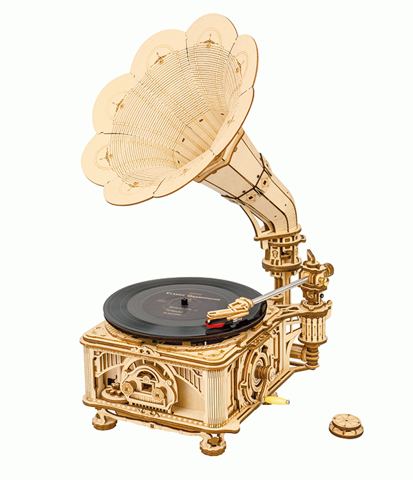 Puzzle 3D, lemn, cutiuta muzicala, Gramofon clasic, rotire cu manivela sau electrica, 424 piese [0]