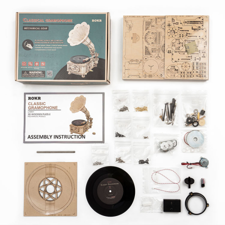 Puzzle 3D, lemn, cutiuta muzicala, Gramofon clasic, rotire cu manivela sau electrica, 424 piese [8]