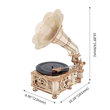 Puzzle 3D, lemn, cutiuta muzicala, Gramofon clasic, rotire cu manivela sau electrica, 424 piese [6]