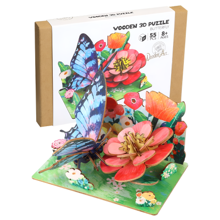 Puzzle 3D din Lemn pentru copii si adulti - Puzzle 3D lemn DABISY, model Fluture, 55 piese, multicolor, sistem click-fit, 14.7x9.7x0.3 cm, 8+