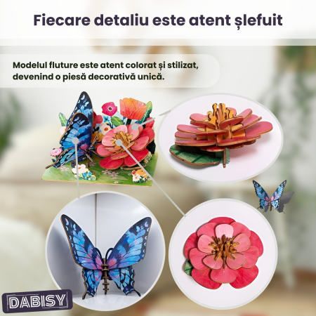 Puzzle 3D lemn DABISY, model Fluture, 55 piese, multicolor, sistem click-fit, 14.7x9.7x0.3 cm, 8+ [5]
