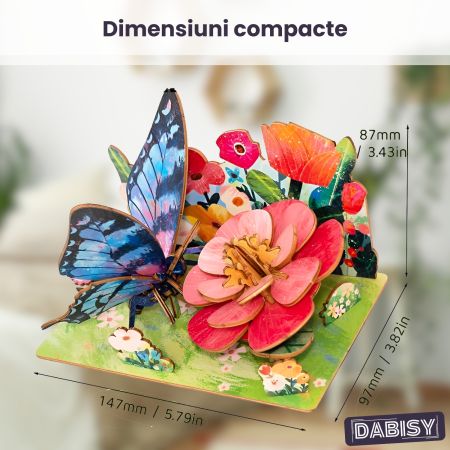 Puzzle 3D lemn DABISY, model Fluture, 55 piese, multicolor, sistem click-fit, 14.7x9.7x0.3 cm, 8+ [6]