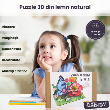 Puzzle 3D lemn DABISY, model Fluture, 55 piese, multicolor, sistem click-fit, 14.7x9.7x0.3 cm, 8+ [1]