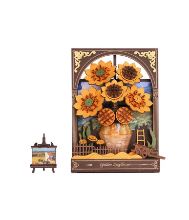 Puzzle 3D din Lemn pentru copii si adulti - Puzzle 3D, tablou, din lemn, Floarea soarelui aurie - van Gogh, 266 piese