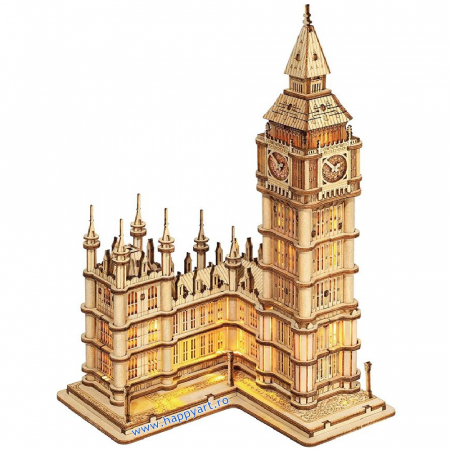 Puzzle 3D din Lemn pentru copii si adulti - Puzzle 3D, Big Ben, lemn, cu lumini, 220 piese, TG507