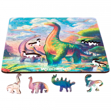 Puzzle copii, Diplodocus, din lemn, 100 piese, folie adeziv, macheta 3D si rigla lemn dinozaur, Unidragon [7]