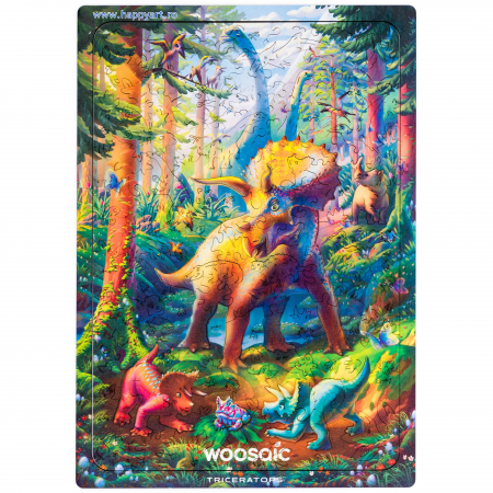 Puzzle copii, Triceratops, din lemn, 100 piese, folie adeziv, macheta si rigla lemn dinozaur, Unidragon [2]