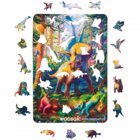 Puzzle copii, Triceratops, din lemn, 100 piese, folie adeziv, macheta si rigla lemn dinozaur, Unidragon [5]