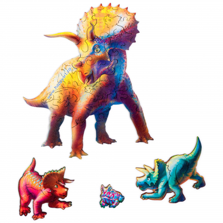 Puzzle copii, Triceratops, din lemn, 100 piese, folie adeziv, macheta si rigla lemn dinozaur, Unidragon [1]