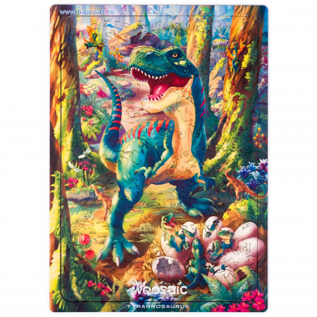 Puzzle copii, Tyrannosaurus Rex, din lemn, 100 piese, folie adeziv, macheta 3D si rigla lemn dinozaur, Unidragon [2]