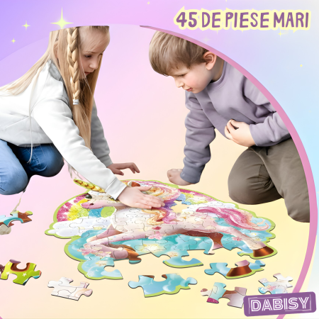 Puzzle gigant 45 piese cu glitter, model si forma UNICORN, joc educativ,carton gros, lucios, sclipicios, cutie roz, 70x95 cm, 3-6 ani [3]