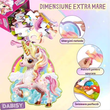 Puzzle gigant 45 piese cu glitter, model si forma UNICORN, joc educativ,carton gros, lucios, sclipicios, cutie roz, 70x95 cm, 3-6 ani [2]