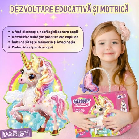 Puzzle gigant 45 piese cu glitter, model si forma UNICORN, joc educativ,carton gros, lucios, sclipicios, cutie roz, 70x95 cm, 3-6 ani [4]