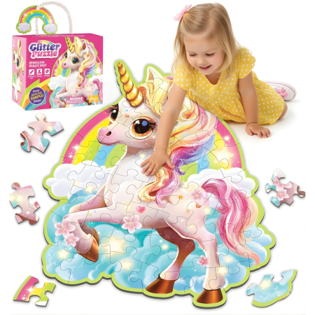 PUZZLE - Puzzle gigant 45 piese cu glitter, model si forma UNICORN, joc educativ,carton gros, lucios, sclipicios, cutie roz, 70x95 cm, 3-6 ani