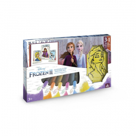 Pictura cu nisip colorat - Elsa & Anna & Olaf Frozen 2 de colorat – Disney, Set creativ pictura cu nisip colorat, 1 plansa 14,8 x 21 cm, 2 planse 10,5 x 14,8 cm, 3 rame carton, 16 tuburi nisip multicolor, 1 penseta, 3 folii, + 3ani