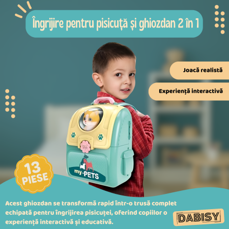 Set de joaca 2 in 1, DABISY, Ghiozdan portabil cu accesorii veterinare, educativ, turcuaz cu alb, 25x23x10cm [1]