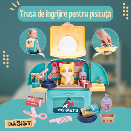 Set de joaca 2 in 1, DABISY, Ghiozdan portabil cu accesorii veterinare, educativ, turcuaz cu alb, 25x23x10cm [2]