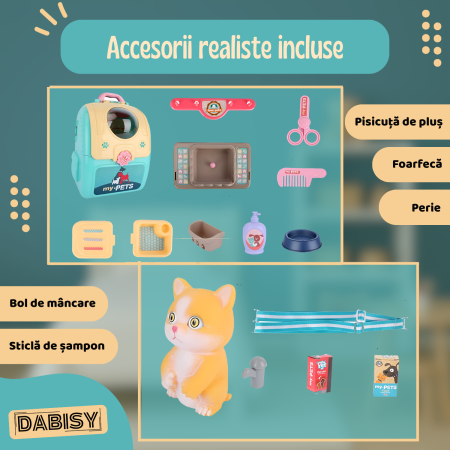 Set de joaca 2 in 1, DABISY, Ghiozdan portabil cu accesorii veterinare, educativ, turcuaz cu alb, 25x23x10cm [4]