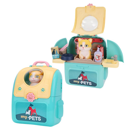 JUCARII SET - Set de joaca 2 in 1, DABISY, Ghiozdan portabil cu accesorii veterinare, educativ, turcuaz cu alb, 25x23x10cm