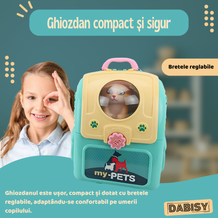 Set de joaca 2 in 1, DABISY, Ghiozdan portabil cu accesorii veterinare, educativ, turcuaz cu alb, 25x23x10cm [3]