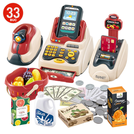 JUCARII SET - Set de joaca 3 in 1 MAGAZIN pentru copii, DABISY, varsta 3-12 ani, CASA DE MARCAT interactiva, SCANNER cu sunete si lumini, terminal CARD, 33 piese, multicolor