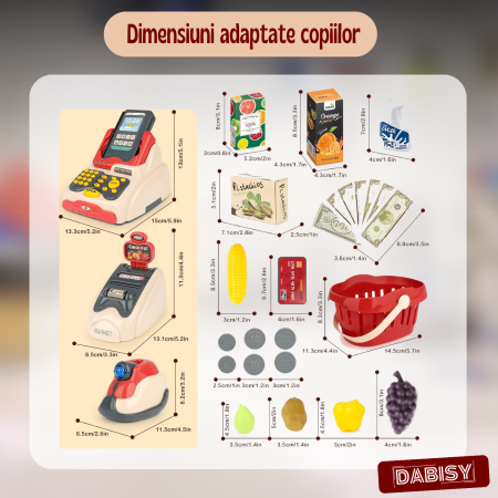 Set de joaca 3 in 1 MAGAZIN pentru copii, DABISY, varsta 3-12 ani, CASA DE MARCAT interactiva, SCANNER cu sunete si lumini, terminal CARD, 33 piese, multicolor [6]