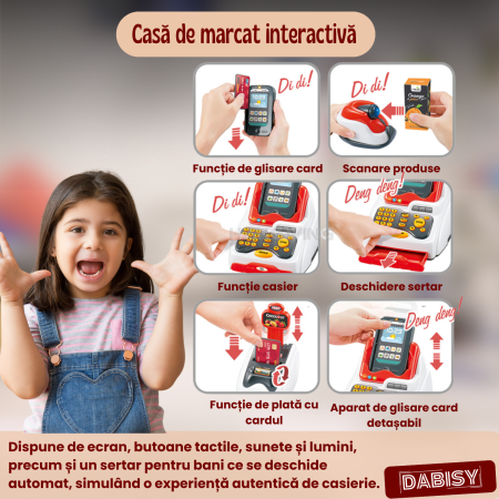 Set de joaca 3 in 1 MAGAZIN pentru copii, DABISY, varsta 3-12 ani, CASA DE MARCAT interactiva, SCANNER cu sunete si lumini, terminal CARD, 33 piese, multicolor [3]