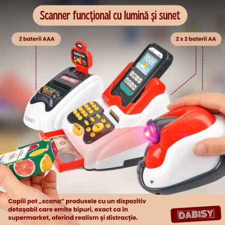 Set de joaca 3 in 1 MAGAZIN pentru copii, DABISY, varsta 3-12 ani, CASA DE MARCAT interactiva, SCANNER cu sunete si lumini, terminal CARD, 33 piese, multicolor [4]