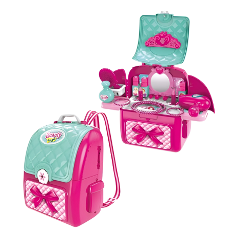 JUCARII SET - Set de joaca BEAUTY copii si ghiozdan 2 in 1, DABISY, ghiozdan portabil cu accesorii cosmetice de jucarie, educativ, multifunctional, 3+ ani, roz cu turcuaz
