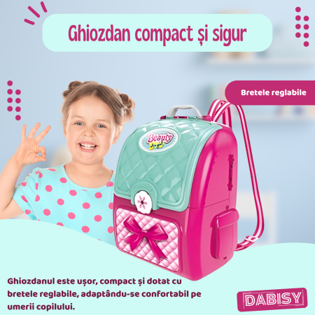 Set de joaca BEAUTY copii si ghiozdan 2 in 1, DABISY, ghiozdan portabil cu accesorii cosmetice de jucarie, educativ, multifunctional, 3+ ani, roz cu turcuaz [3]