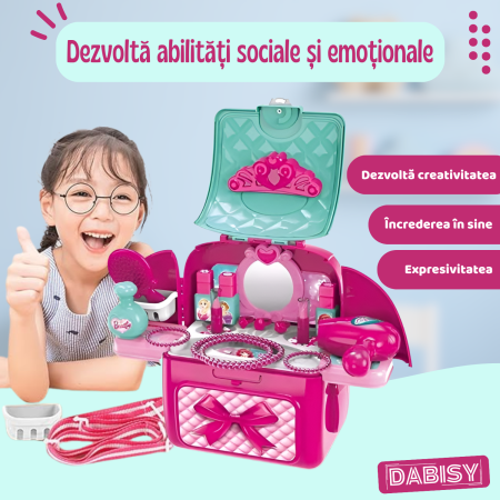 Set de joaca BEAUTY copii si ghiozdan 2 in 1, DABISY, ghiozdan portabil cu accesorii cosmetice de jucarie, educativ, multifunctional, 3+ ani, roz cu turcuaz [5]