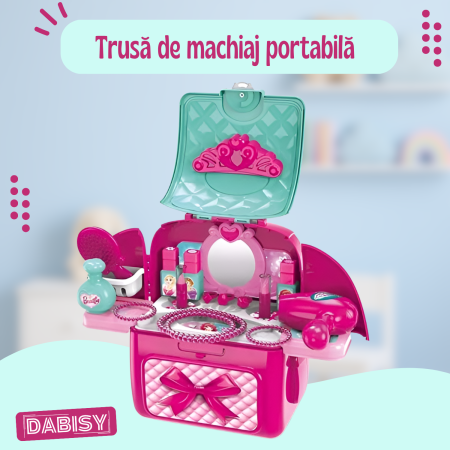 Set de joaca BEAUTY copii si ghiozdan 2 in 1, DABISY, ghiozdan portabil cu accesorii cosmetice de jucarie, educativ, multifunctional, 3+ ani, roz cu turcuaz [2]