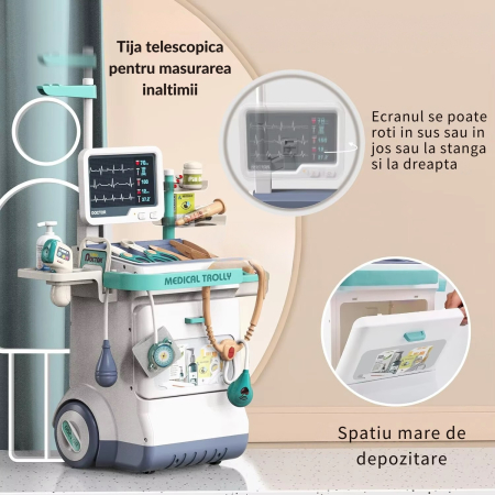 Set de Joaca Carucior Medical Mobil pentru copii, DABISY, 26 accesorii, cu sunete si lumini, Stetoscop, Ecran cu raze x, ECG, Termometru electronic, Tensiometru, Seringa, Radiografii, alb [5]