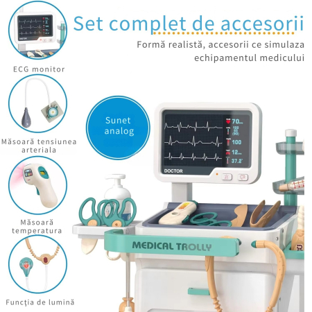 Set de Joaca Carucior Medical Mobil pentru copii, DABISY, 26 accesorii, cu sunete si lumini, Stetoscop, Ecran cu raze x, ECG, Termometru electronic, Tensiometru, Seringa, Radiografii, alb [4]