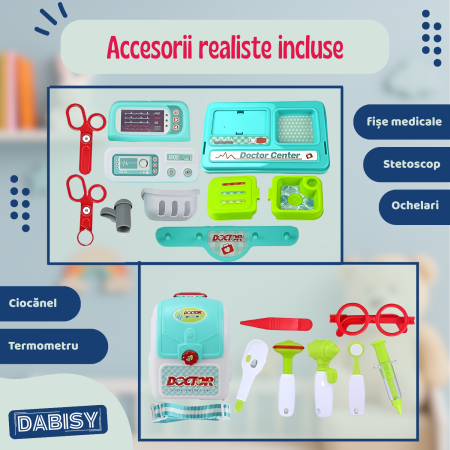 Set de joaca DOCTOR 2 in 1 cu ghiozdan, DABISY, accesorii medicale, turcuaz cu alb, 25x23x10cm [4]