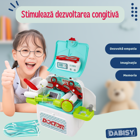 Set de joaca DOCTOR 2 in 1 cu ghiozdan, DABISY, accesorii medicale, turcuaz cu alb, 25x23x10cm [5]