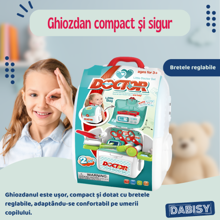 Set de joaca DOCTOR 2 in 1 cu ghiozdan, DABISY, accesorii medicale, turcuaz cu alb, 25x23x10cm [3]
