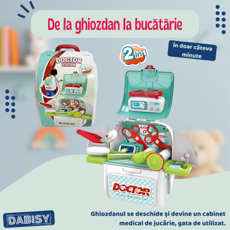 Set de joaca DOCTOR 2 in 1 cu ghiozdan, DABISY, accesorii medicale, turcuaz cu alb, 25x23x10cm [6]
