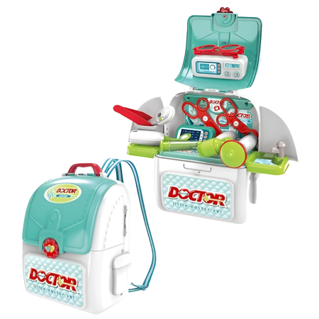 JUCARII SET - Set de joaca DOCTOR 2 in 1 cu ghiozdan, DABISY, accesorii medicale, turcuaz cu alb, 25x23x10cm