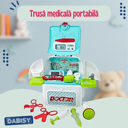 Set de joaca DOCTOR 2 in 1 cu ghiozdan, DABISY, accesorii medicale, turcuaz cu alb, 25x23x10cm [2]
