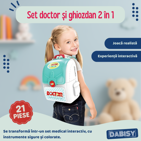 Set de joaca DOCTOR 2 in 1 cu ghiozdan, DABISY, accesorii medicale, turcuaz cu alb, 25x23x10cm [1]