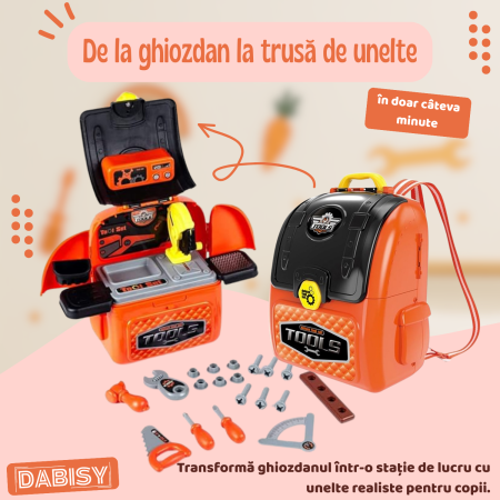 Set de joaca Trusa unelte pentru copii si ghiozdan 2 in 1, DABISY, ghiozdan portabil cu unelte de jucarie, educativ, multifunctional, 3+ ani, portocaliu cu negru [6]