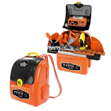 JUCARII SET - Set de joaca Trusa unelte pentru copii si ghiozdan 2 in 1, DABISY, ghiozdan portabil cu unelte de jucarie, educativ, multifunctional, 3+ ani, portocaliu cu negru