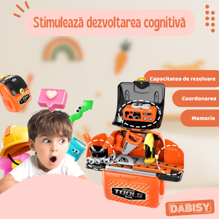 Set de joaca Trusa unelte pentru copii si ghiozdan 2 in 1, DABISY, ghiozdan portabil cu unelte de jucarie, educativ, multifunctional, 3+ ani, portocaliu cu negru [5]